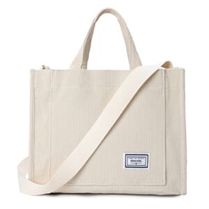 PINCNEL Corduroy Tote Bag for Women, Small Trendy Travel Satchel Handbag with Crossbody Shoulder Strap, Carry Handles, Pockets (Beige)