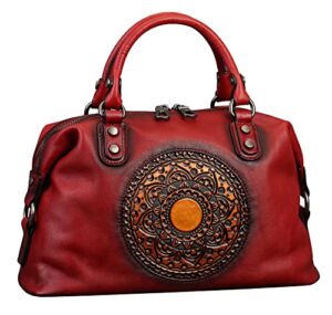 Leather Handbag for Women, Retro Mandela Crossbody Handbag Tote Bag (Bean Paste Red)