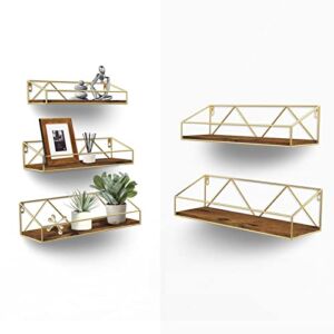 PETAFLOP Wood Floating Shelves for Wall Decor Set of 5, Gold Mounted Storage Shelf for Bathroom, Living Room, Kitchen & Bedroom