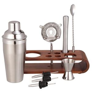 BIRDROCK HOME 10 Piece Bartender Kit with Wood Stand | Acacia | Professional Grade Stainless Steel Cocktail Set | Home Bar Tools | Gifts for Him | Shaker Bottle Opener
