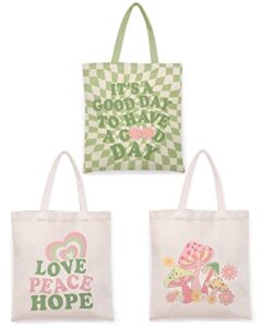 Percozzi 3 Pieces Danish Pastel Canvas Tote Bag Green and Pink Mushroom Shopping Bags Y2K Aesthetic Shoulder Bags for Teen Girls School Supplies Gift