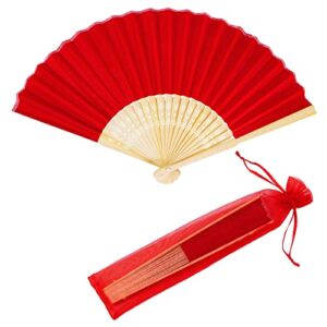 Winlyn 12 Sets Red Silk Hand Fans Chinese Handheld Silk Fans Bamboo Folding Fans Oriental Hand Fans with Bags for Asian Chinese Lunar New Year Party Favors Gift Dance Wedding Festival Holiday Decor