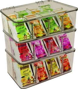 Utopia Home (3 Pack Tea Bag Organizer – Stackable Tea Bag Storage Organizer with Clear Top Lid- Tea bag holder For Counter tops, Kitchen Cabinets, Pantry, Sweeteners (Grey)