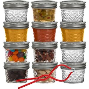 Ball Regular Mouth Mason Jars 4 oz. (12 Pack) – Quilted Crystal Jelly Jars with Airtight Lids and Bands for Canning, Fermenting, Pickling, or DIY Decors and Projects – Bundled with Peaknip Jar Opener