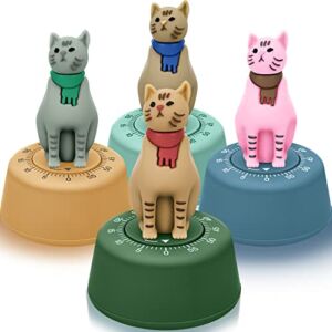 4 Pcs Cat Kitchen Timer 60 Minute Cute Egg Timer for Kids Mechanical Countdown Wind up Dial Rotating No Batteries Loud Ring for Home Cooking Baking Animal Timer Management Birthday, 4 Color