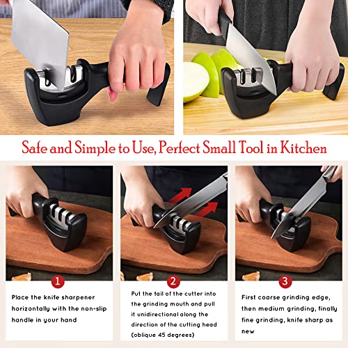 3-Stage Knife Sharpener, Black, for Kitchen Knives, Fast and Simple 3-in-1 Manual Safe Honing Tool Best Chefs Choice, Suitable to All Ceramic or Steel Knife Sizes | The Storepaperoomates Retail Market - Fast Affordable Shopping