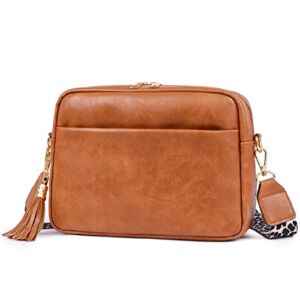 Aovtero Crossbody Bag for Women Vegan Leather Shoulder Purse with Leopard Adjustable Strap Midsize Zipped Handbag (Brown)