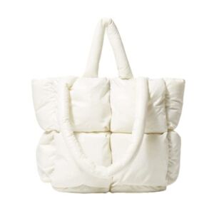 Women Large Quilted Puffer Tote Bag, Winter Soft Shoulder Bag, Cotton Padded Down Handbag Puff Bag Pillow Shopper Bag (White)