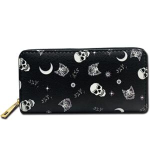LIMPS Women’s Skull Cat Moon Goth Wallet,Faux Leather Long Wallet,Coin Purse Card Holder with Zip (M-1)