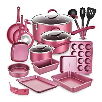 NutriChef Metallic Nonstick Ceramic Cooking Kitchen Cookware Pots and Pan Baking Set with Lids and Utensils, 20 Piece Set, Marron Pink | The Storepaperoomates Retail Market - Fast Affordable Shopping