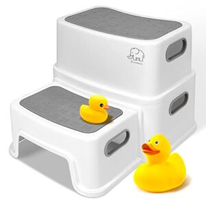 Toddler Step Stool for Bathroom Sink, 2 Step Stool for Kids Toilet Potty Training, Non-Slip Toddlers Baby Child Kid Plastic Poop Stools with Handle to Reach Kitchen Counter Bed (White-Grey)