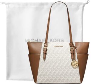 Michael Kors Charlotte Signature Large Top Zip Tote, Shoulder Bag bundle with XL Dust Bag Vanilla