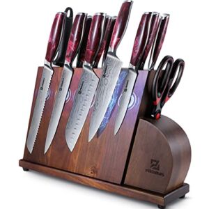 Piklohas Knife Sets For Kitchen With Block, 14 Pieces Kitchen Knife Set With Magnetic Knife Holder, German High Carbon Stainless Steel Damascus Pattern Chef Knife Set With Sharpener, Steak Knives, Red