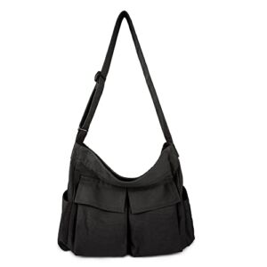 Canvas Tote Bag Hobo Crossbody Handbag Big Capacity Messenger Bag with Multiple Pockets Casual Shoulder Bag for Women Men (A-Black)
