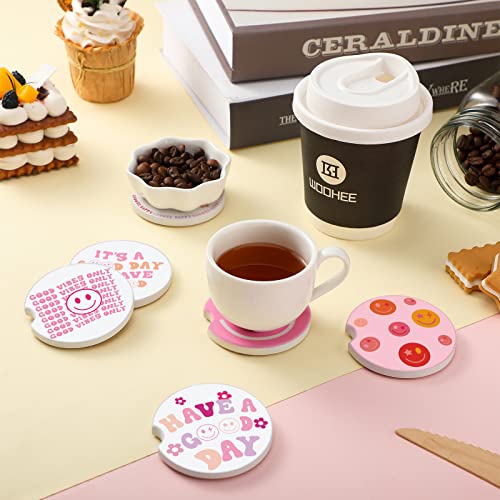 6 Pcs Pink Car Coasters with Finger Notch Preppy Absorbent Car Cup Coaster Cute Ceramic Coasters Smile Drink Coaster Car Accessories for Women Girl College Students, 2.56 Inch | The Storepaperoomates Retail Market - Fast Affordable Shopping