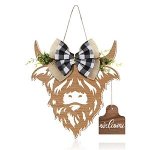 Cow Head Door Wreath Sign Cow Door Hanger Welcome Front Door Cow Decor Farmhouse Wooden Cow Gifts with Buffalo Plaid Burlap Bow and Artificial Leaves for Home Restaurant Porch Decor,13.4 x 11 Inch
