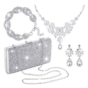 4 Pieces Silver Clutch Purse Rhinestone Jewelry Set for Women Glitter Evening Clutch Bag and Crystal Dangle Earrings Bridal Wedding Necklace Bracelet Prom Jewelry Set for Wedding Bridal Evening Party