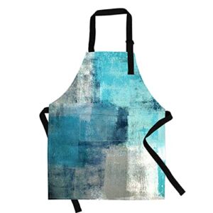 TOMWISH Aprons with Pockets Turquoise and Grey Abstract Art Painting Unisex Apron Adjustable Apron for Kitchen Restaurant BBQ