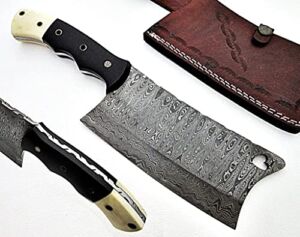 Damascus Steel Hand Forged Cleaver Knives, Kitchen Chef Cleaver Knife, Damascus Cleaver Knife for Meat Cutting Damascus Steel Chopping Knife for Home and Outdoor Camping, BBQ