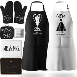 Mr and Mrs Aprons for Couples Gifts – Anniversary, Bridal Shower, Wedding, Engagement gifts for Couples, Christmas Gifts for Couple, His and Her Gifts, 8 Pack Kitchen Cooking Apron Gift Set