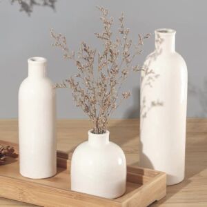 Perfnique Ceramic White Vase, Pampas Grass Vase Set of 3, Morden Boho Rustic Home or Living Room Decor, Farmhouse Decorative Dried Flower Bud Vase for Table Centerpieces Decor (White)