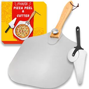 FNAKE Premium aluminum pizza peel 12×14 inch– Oven Spatula & Special Cutter for Home and Restaurants–Light Weight shovel with Folding Wooden Handle–Sturdy Metal Easy Storage, Silver