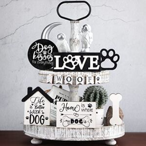 12 Pcs Dog Cat Tiered Tray Decor Set Wooden Dog Cat Tray Decor Rustic Farmhouse Paw Bone Farm Decorations Mini Wood Signs for Kitchen Home Table Housewarming Gift (Stylish Style)
