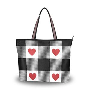 Tote Bag with Zipper for Women Valentines Black Buffalo Check Plaid Handbags Pockets Shoulder Bag Work Large Travel