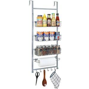 X-cosrack Over the Door Pantry Organizer, 5 Tier Adjustable Spice Rack Wall Mounted with Hooks and Napkin Holder, Behind the Door Hanging Wire Basket Storage Organizer for Kitchen and Bathroom, Silver