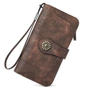 BROMEN Leather Wallets for Women Large Capacity Credit Card Holder Clutch Purse Wristlet Coffee