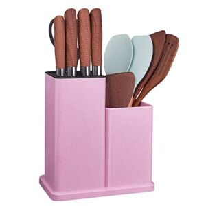 RedCall Universal Knife Block Without Knives,Knife Utensil Holder for Countertop,Plastic Kitchen Knife Holder for Kitchen Counter,Modern Knife Storage Organizer with Scissors Slot (Wheat Straw (Pink))