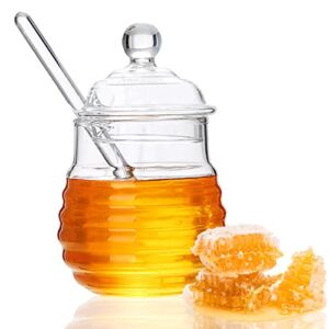 Beehive Honey Jar, Glass Honey Pot with Dipper and Lid Cover, Large Container for Bee Pie Jam Jelly Home Kitchen, Clear 17 Ounce(480ml)