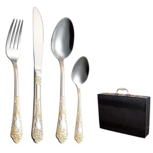 84 Piece Cutlery Set – Flatware – Housewares – Kitchen Gadgets – Silverware Set – Home Essentials – Utensil Sets – Stainless Steel, Forks and Spoons Silverware, Luxury Gold Cutlery Set