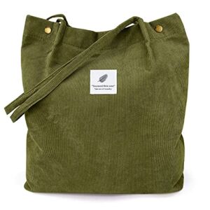 Women Corduroy Tote Bag, Shoulder Purses for Office School Shopping Travel (Army Green)