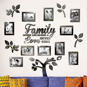 Family Tree Wall Decal Acrylic 3D DIY Mirror Sticker Photo Frames Removable Wall Art Decals Home Decorations for Living Room Bedroom Kitchen Dining Office, 47 x 47 Inch(Black)
