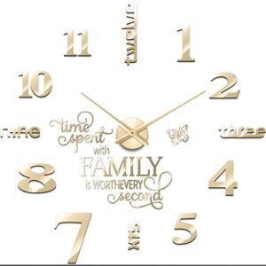 Junkin 3D Large Frameless DIY Wall Clock,Modern Decor Family Quote Wall Stickers Clock kit for Home Living Room Bedroom Office Wall Decorations Adjustable Size (Gold)