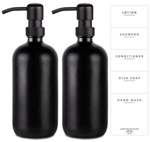 Emerson Essentials Glass Soap Dispensers, 2 Pack Bottles, Rustproof Stainless Steel Pumps Heavy Duty Hand Set for Bathrooms Kitchen Sink Refillable, No Peel, 16 Ounce, 5 Waterproof Labels – Black