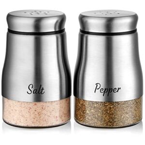 Farmhouse Salt and Pepper Shakers Set, Bivvclaz 5 Ounce Stainless Steel Salt and Pepper Dispenser with Glass Bottom, Cute Salt and Pepper Shakers for Farmhouse Modern Home Kitchen Decor, Silver