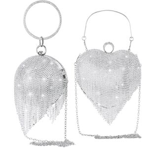 2 Pieces Women Rhinestone Evening Clutch Purses Luxury Crystal Heart Shape Round Ball Crossbody Shoulder Bag with Tassel, Glitter Bling Lady Handbag for Wedding Cocktail Prom Party (Silver)