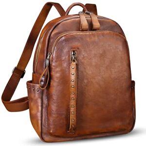 Genuine Leather Backpack Purse for Women Vintage Casual Daypack College Bag Handmade Cowhide Western Rivets Rucksack (Brown)