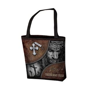 Bnyamin 160302 – Christian Jesus Faith Over Fear Pattern Basketweave Tote Bag Full Size 13×13 16×16 18×18