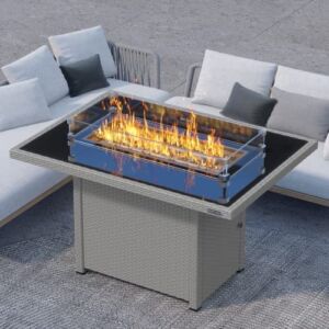EAST OAK 44” Propane Fire Pit Table, 60,000 BTU Gas Fire Table w/Aluminum Frame, H Type Burner and Tempered Glass Tabletop, CSA Listed Outdoor Patio Firepit with Wind Guard, Fire Glass and Lid, Grey