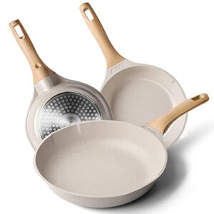 Nonstick Frying Pan Set – Granite Skillet Set, Induction Pans for Cooking Omelette Pan Non-Stick Cookware Set, Healthy Kitchen Skillet Pans Non Sticking Stone Pot and Pan Set (8″, 9.5″ & 11″) Beige