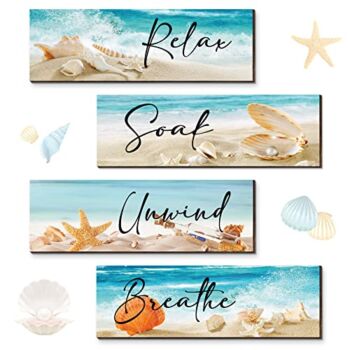 Yulejo 4 Pieces Ocean Beach Bathroom Wall Decors Wood Relax Soak Unwind Breathe Wall Art Bathroom Sign Hanging Seashell Starfish Wooden Sign for Living Room Laundry Bathroom Spa Washroom | The Storepaperoomates Retail Market - Fast Affordable Shopping