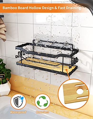 SWTYMIKI Natural Bamboo Shower Caddy Organizer, 2 Pack Shower Shelf with 12 Hooks,Rustproof & Waterproof Shower Rack,Stainless Steel No Drilling Bathroom Shower Organizer for Bathroom,Kitchen – Black | The Storepaperoomates Retail Market - Fast Affordable Shopping