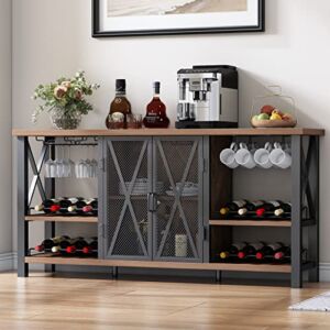HOMYSHOPY Wine Bar Cabinet with Glass Holder, Liquor Cabinet with Detachable Wine Rack, Buffet Sideboard, Wine Rack Table with Mesh Door for Living Room, Kitchen and Dining Room (Rustic Brown)