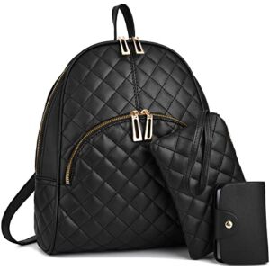 Womens 3-pcs Fashion Backpack Cute Book Bag Small Daypack Shoulder Bag Mini Leather Backpack Purse for Teen Girls,Black