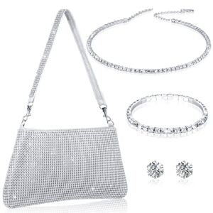 4 Pieces Silver Clutch Purses and Rhinestone Jewelry Set for Women Evening Diamond Sparkly Purses Necklace Bracelet Earrings for Wedding Bridal Party (Rhinestone Style)