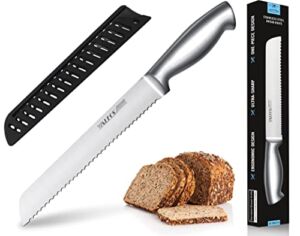 Walfos Bread Knife with Sheath, Serrated Bread Knife with Upgraded Stainless Steel , Ultra-Sharp, 8-Inch Blade, Bread Slice Knife for Slicing Homemade Bread, Bagels, Cake