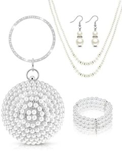 4 Pcs Faux Pearl Evening Clutch Purse Round Ball Silver Rhinestone Bag Pearl Jewelry Set for Women Evening Wedding Artificial Pearl Handbag